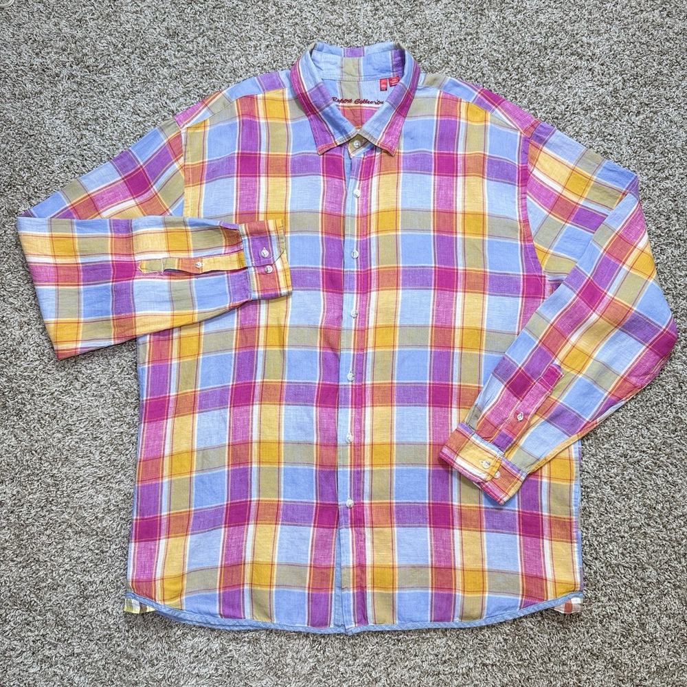 Report Collection Mens XXL Multicolor Plaid 100% Linen Long Sleeve Button Shirt